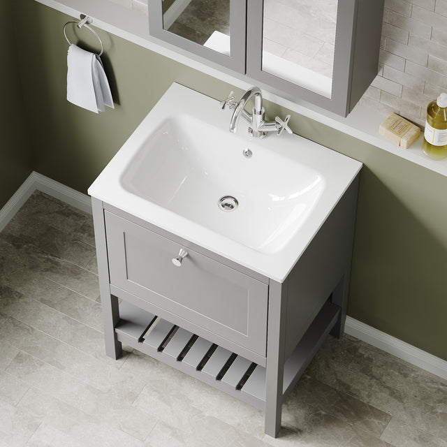 Bexley Floor Standing 1 Drawer Vanity & 1 Tap Hole Stone Basin, 600mm - Cool Grey