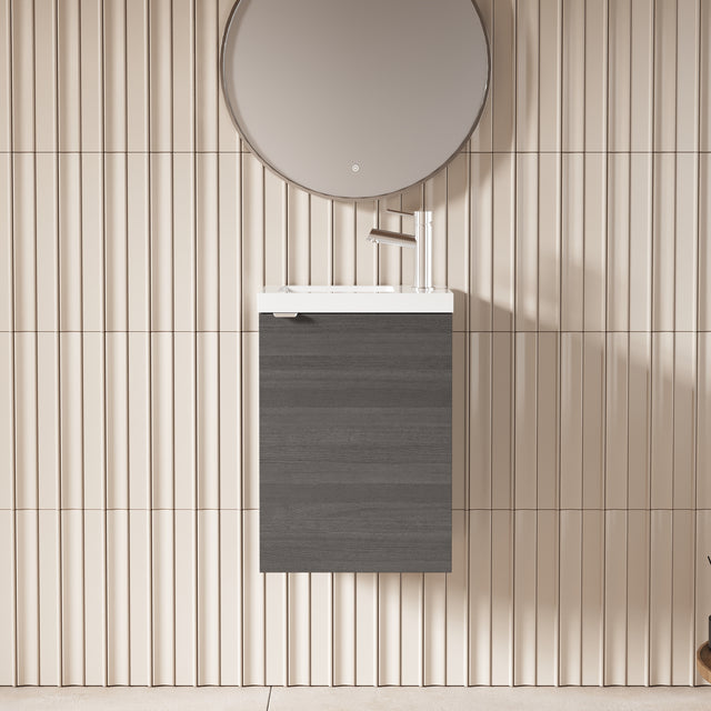 Hudson Reed Fusion 405mm Anthracite Woodgrain Wall Hung 1 Door Vanity Unit & Basin Soft Close Door