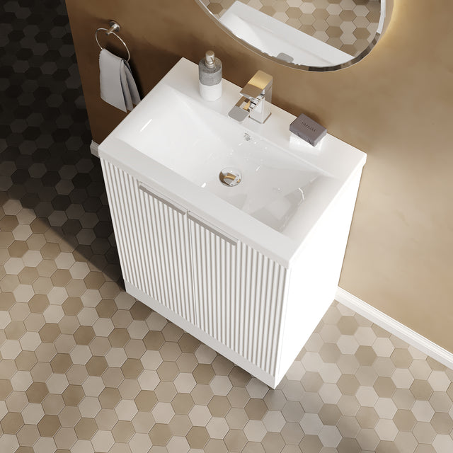 Hudson Reed Fluted 600mm Satin White Floor Standing 2-Door Vanity Unit With Basin