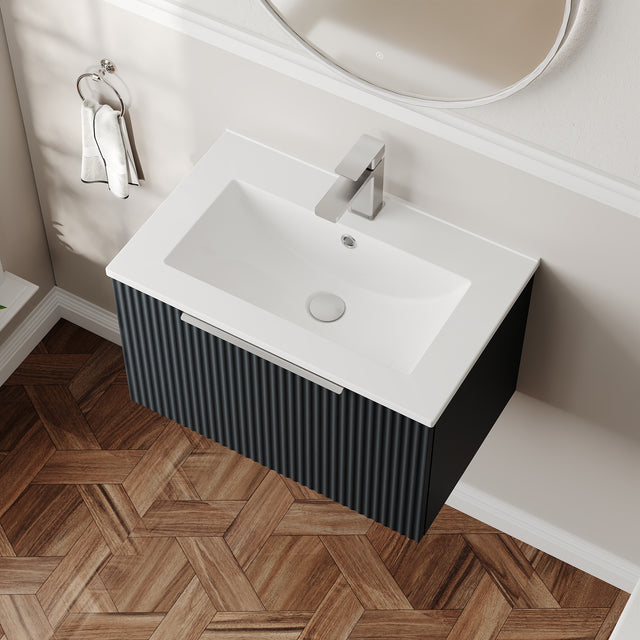 Hudson Reed Fluted 600mm Soft Black Wall Hung Single Drawer Vanity Unit With Ceramic Basin