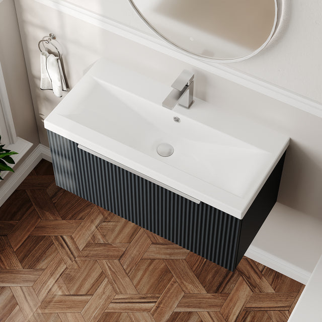 Hudson Reed Fluted 800mm Soft Black Wall Hung Single Drawer Vanity Unit With Basin