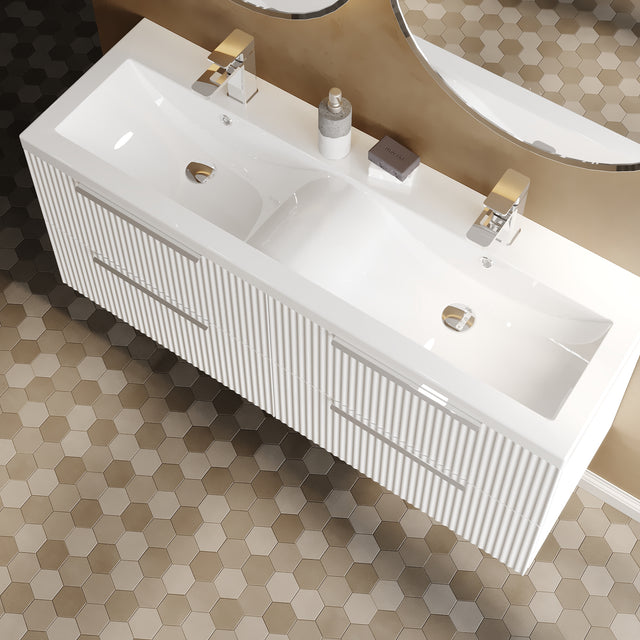 Hudson Reed Fluted 1200mm Satin White Wall Hung 4-Drawer Vanity Unit With Double Basin