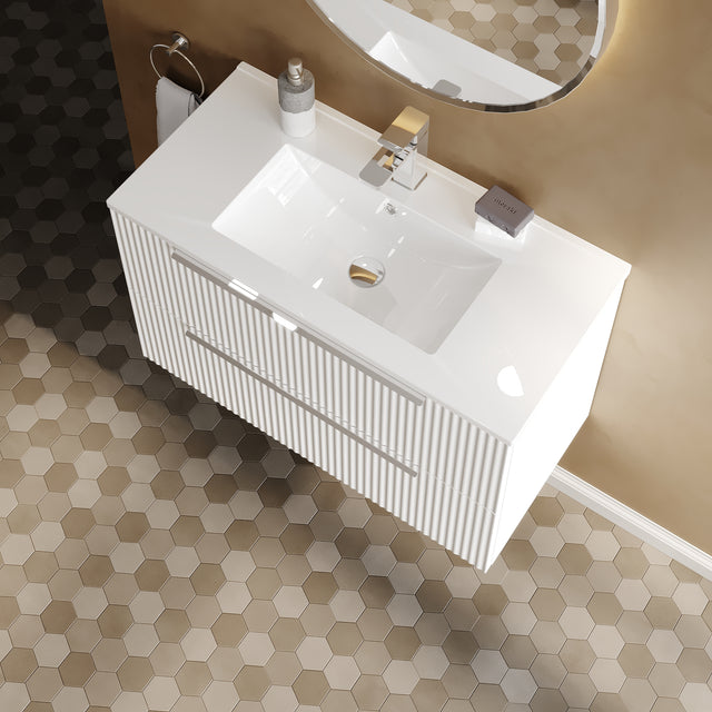 Hudson Reed Fluted 800mm Satin White Wall Hung 2-Drawer Vanity Unit With Basin