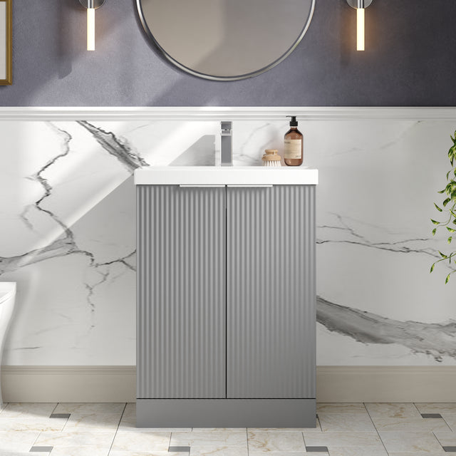 Hudson Reed Fluted 600mm Floor Standing 2-Door Vanity Unit With Basin