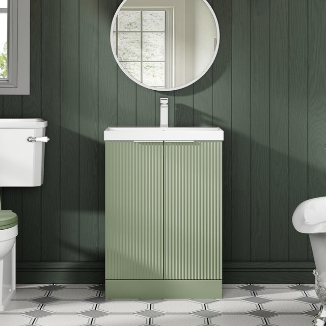 Hudson Reed Fluted 600mm Satin Green Floor Standing 2-Door Vanity Unit With Basin