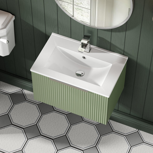 Hudson Reed Fluted 600mm Satin Green Wall Hung Single Drawer Vanity Unit With Basin