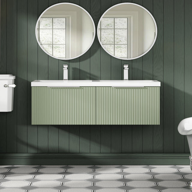 Hudson Reed Fluted 1205mm Satin Green Wall Hung 2-Drawer Vanity Unit With Double Polymarble Basin