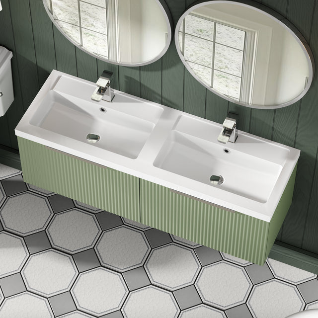 Hudson Reed Fluted 1205mm Satin Green Wall Hung 2-Drawer Vanity Unit With Double Polymarble Basin
