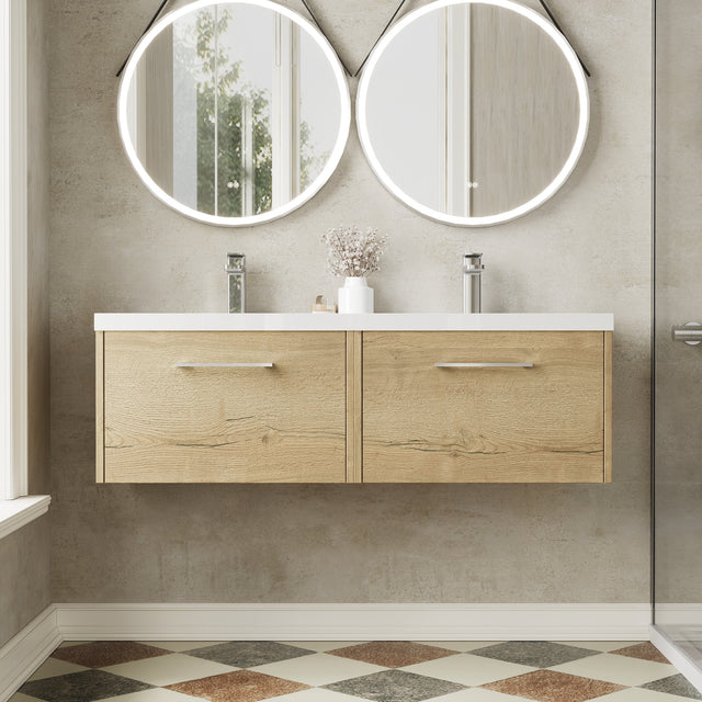 Hudson Reed Juno 1200mm Autumn Oak Wall Hung 2-Drawer Vanity Unit with Double Basin
