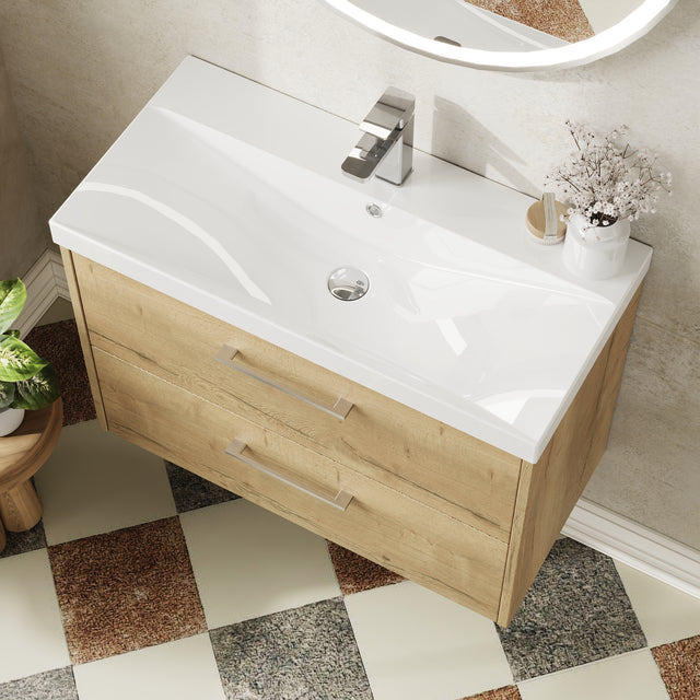 Hudson Reed Juno 800mm Autumn Oak Wall Hung 2-Drawer Vanity Unit With Thin-Edge 1 Tap Hole Basin