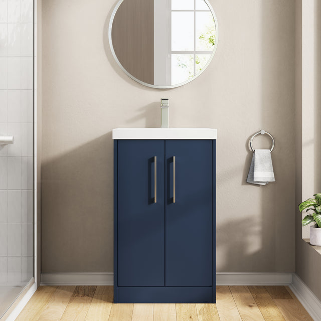 Hudson Reed Juno 500mm Midnight Blue Floor Standing 2-Door Vanity Unit Including Basin With Soft Close Doors