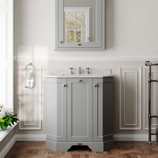 Hudson Reed Old London 786mm Storm Grey Floor Standing 3 Door Vanity Unit With Grey Marble Top Basin