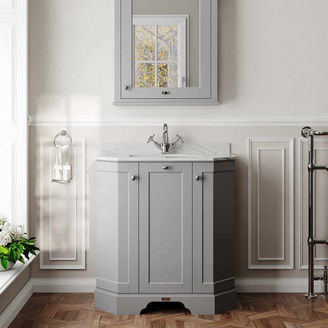 Hudson Reed Old London 750mm Storm Grey 3 Door Floor Standing Vanity Unit With Marble Top & Soft Close Doors