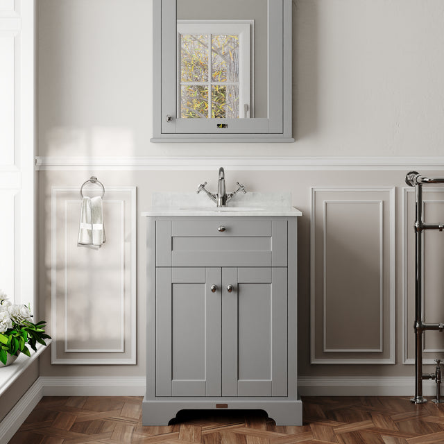 Hudson Reed Old London 620mm Storm Grey Floor Standing 2 Door Vanity Unit with White Marble Top 1 Tap Hole Soft Close
