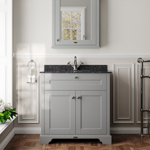 Hudson Reed Old London 820mm Storm Grey Floor Standing 2 Door Vanity Unit with 1 Tap Hole Black Marble Top Basin