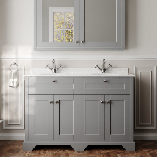 Hudson Reed Old London 1220mm Storm Grey Floor Standing 4 Door Vanity Unit With White Marble Double Basin