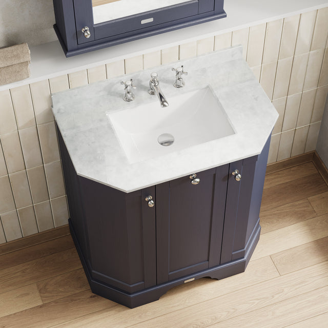 Hudson Reed Old London 750mm Twilight Blue Floor Standing 3 Door Vanity Unit With 3 Tap Hole White Marble Top Basin