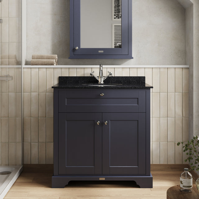 Hudson Reed Old London 820mm Twilight Blue Floor Standing 2 Door Vanity Unit with 1 Tap Hole Black Marble Top Basin