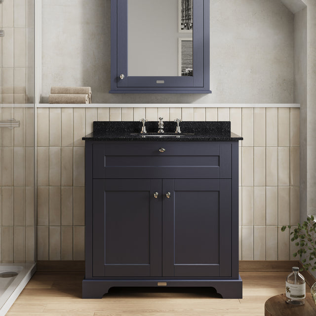 Hudson Reed Old London 820mm Twilight Blue Floor Standing 2 Door Vanity Unit With 3 Tap Hole Black Marble Top Basin