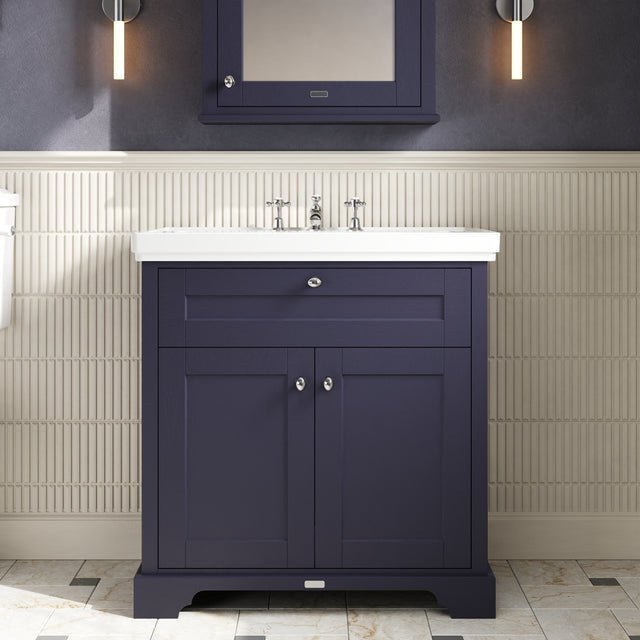 Hudson Reed Old London 800mm Twilight Blue Floor Standing 2 Door Vanity Unit Including Fireclay Basin