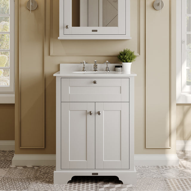 Hudson Reed Old London 600mm Floor Standing 2 Door Vanity Unit with 3 Tap Hole White Marble Top, Soft Close Doors, Rigid