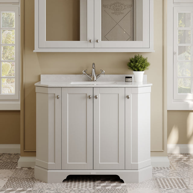 Floor Standing 4 Door Angled Vanity Unit with 1 Tap Hole White Marble Top 1000mm