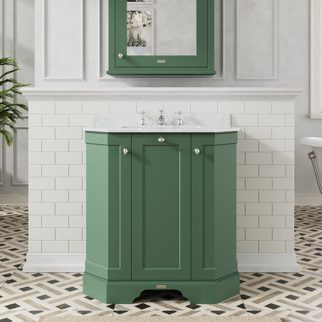 Hudson Reed Old London 750mm Hunter Green Floor 3 Door Vanity Unit with 3 Tap Hole White Marble Top Basin