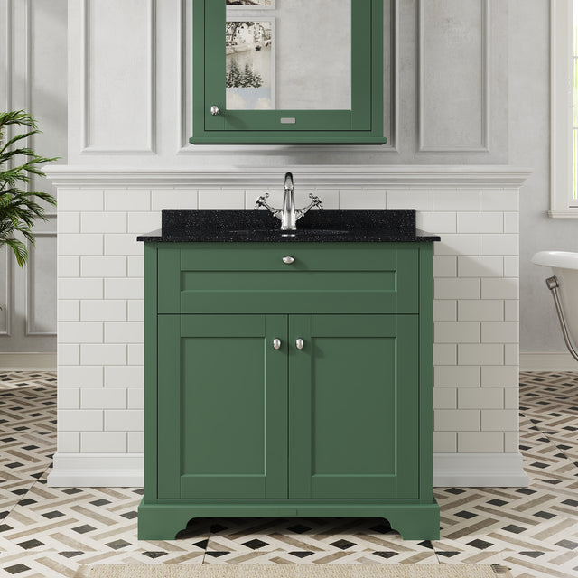 Hudson Reed Old London 800mm Hunter Green Floor Standing 2 Door Vanity Unit With Black Marble Top Basin