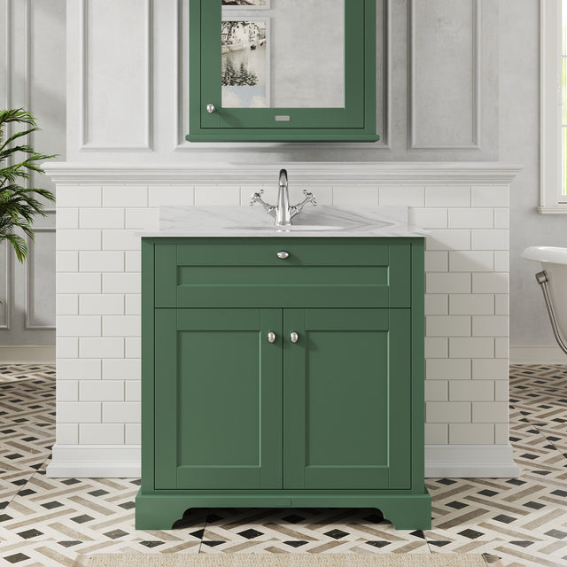 Hudson Reed Old London 800mm Hunter Green Floor Standing 2 Door Vanity Unit With Grey Marble Top Basin