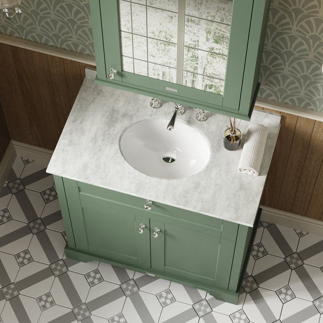 Hudson Reed Old London 800mm Hunter Green Floor Standing 2 Door Vanity Unit with 3 Tap Hole White Marble Top Basin