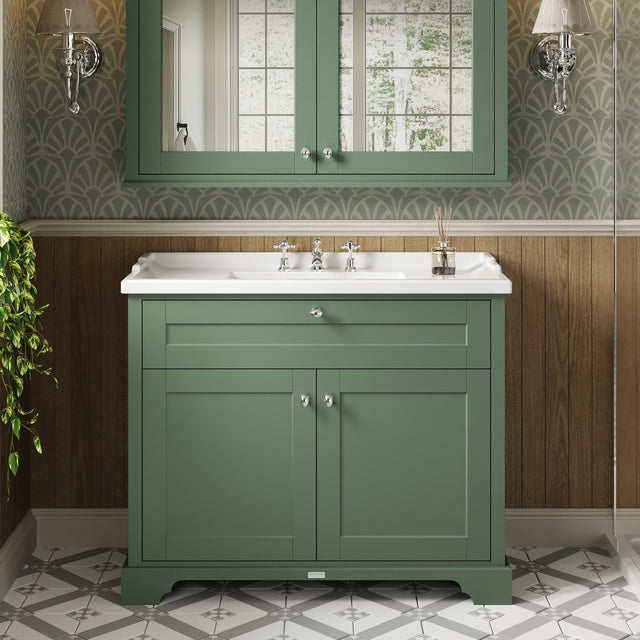 Hudson Reed Old London 1000mm Hunter Green Floor Standing 2 Door Vanity Unit With 3 Tap Hole Ceramic Basin