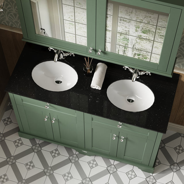 Hudson Reed Old London 1220mm Hunter Green Floor Standing 4 Door Double Basin Black Marble Top Vanity Unit