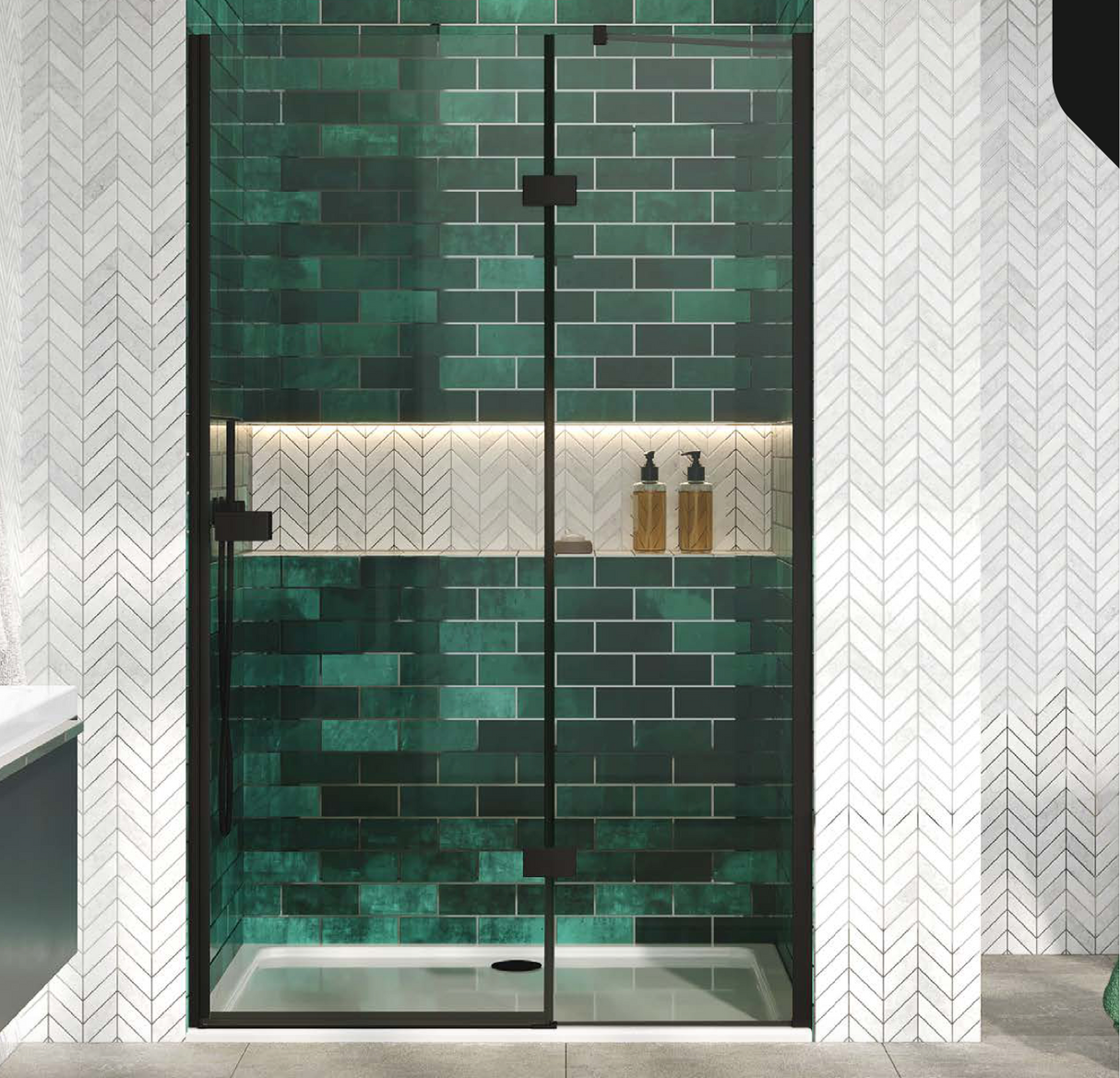 A hinged shower door with a clear glass finish, shown installed in a bathroom setting with green tiles and white fixtures.