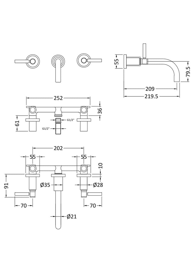 Tec Lever Wall Mounted Basin Mixer Brushed Brass