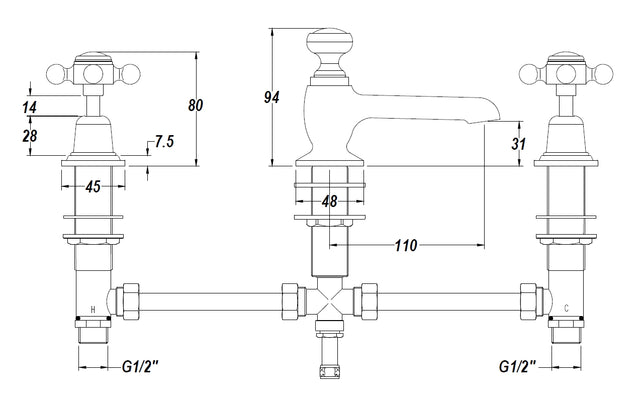 Black Topaz With Crosshead Handle 3 Tap Hole Basin Mixer