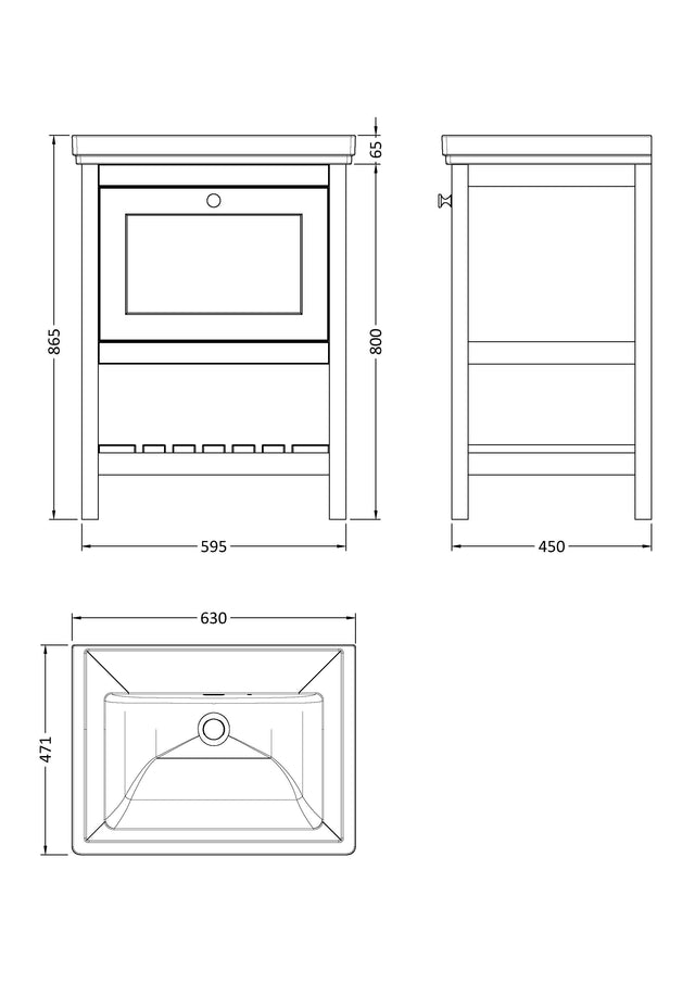 Hudson Reed Bexley 600mm Floor Standing Vanity Unit with 1 Drawer & 0 Tap Hole Basin