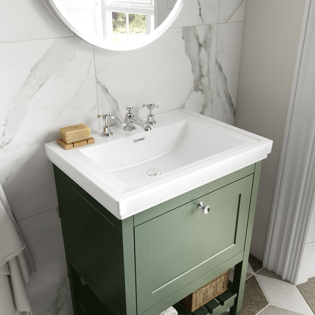 Hudson Reed Bexley 600mm Fern Green 1 Drawer Floor Standing Vanity Unit with 3 Tap Hole Fireclay Basin