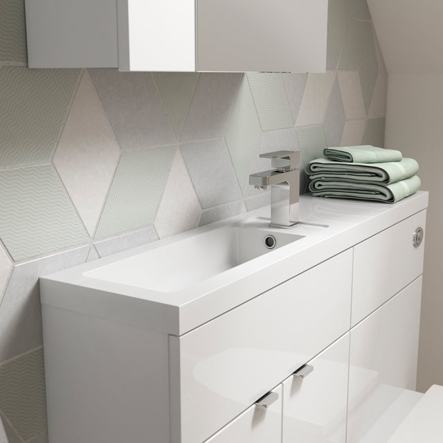 Hudson Reed Fusion 1105mm Gloss White Compact Floor Standing 2 Door Vanity Basin & Toilet Combination Unit