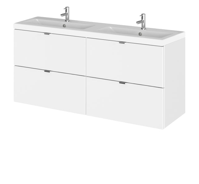 Hudson Reed Fusion 1200mm Wall Hung Gloss White 4 Drawer Vanity Unit with Double Ceramic Basin