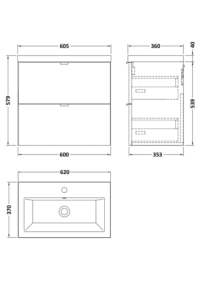 Hudson Reed Fusion 600mm Bleached Oak Wall Hung 2-Drawer Unit & Basin With Soft Close Drawers
