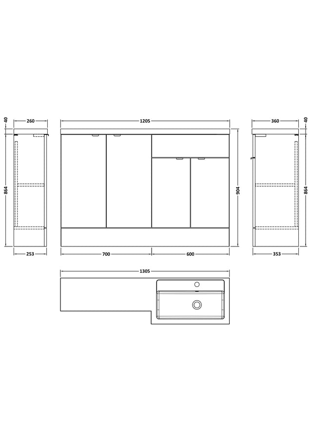 Hudson Reed Fusion 1205mm Charcoal Black Floor Standing 2 Door Vanity Basin Combination Unit With Handles With Overflow