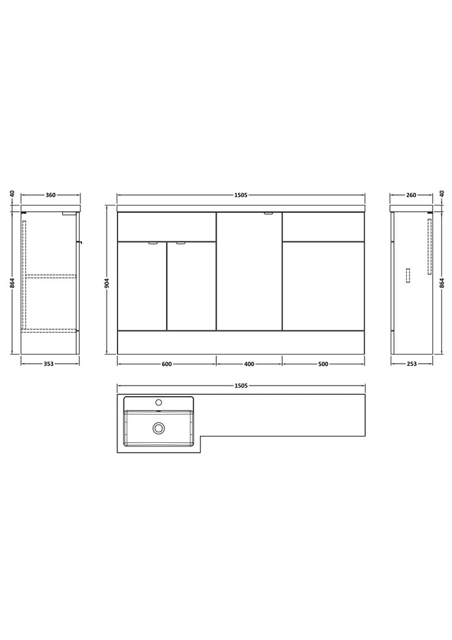Hudson Reed Fusion 1500mm Gloss Grey Left Hand Floor Standing 3 Door Vanity Basin & Toilet Combination Unit