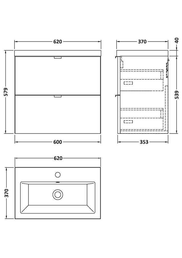 Hudson Reed Fusion 600mm Wall Hung 2 Drawer Vanity Unit & Ceramic Basin With Soft Close Drawers