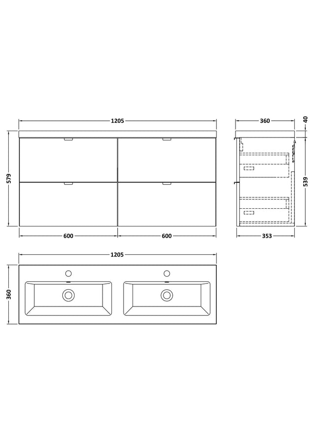 Hudson Reed Fusion 1200mm Gloss Grey 4 Drawer Wall Hung Vanity Unit With Twin Ceramic Basin