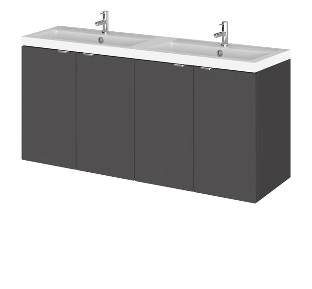 Hudson Reed Fusion 1200mm Gloss Grey Wall Hung 2 Door Vanity Unit & Twin Polymarble Basin