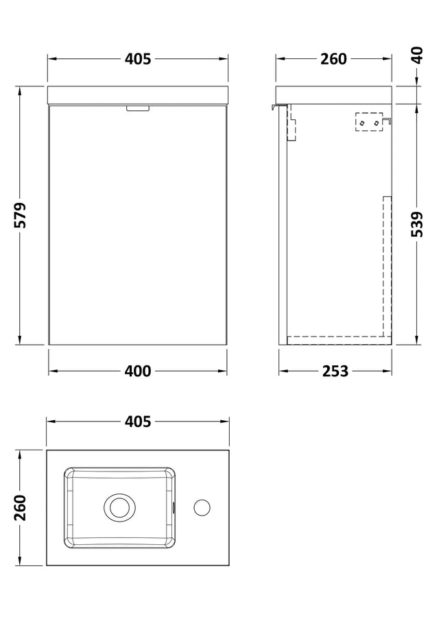 Hudson Reed Fusion 400mm Gloss Grey Wall Hung 1 Door Vanity Unit & Polymarble Basin