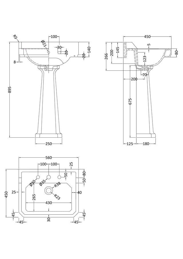 Hudson Reed Richmond 560mm 3 Tap Hole Basin & Pedestal
