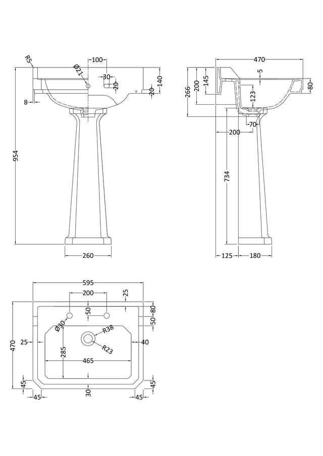 Hudson Reed Richmond 600mm Comfort Height Pedestal Basin 2 Tap Hole