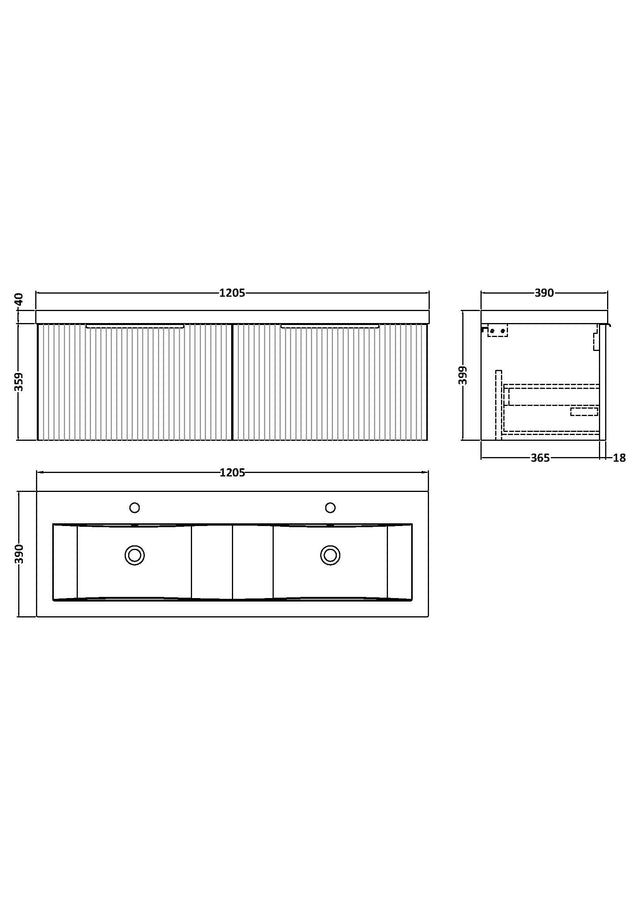 Hudson Reed Fluted 1200mm Wall Hung 2-Drawer Vanity Unit With Double Basin