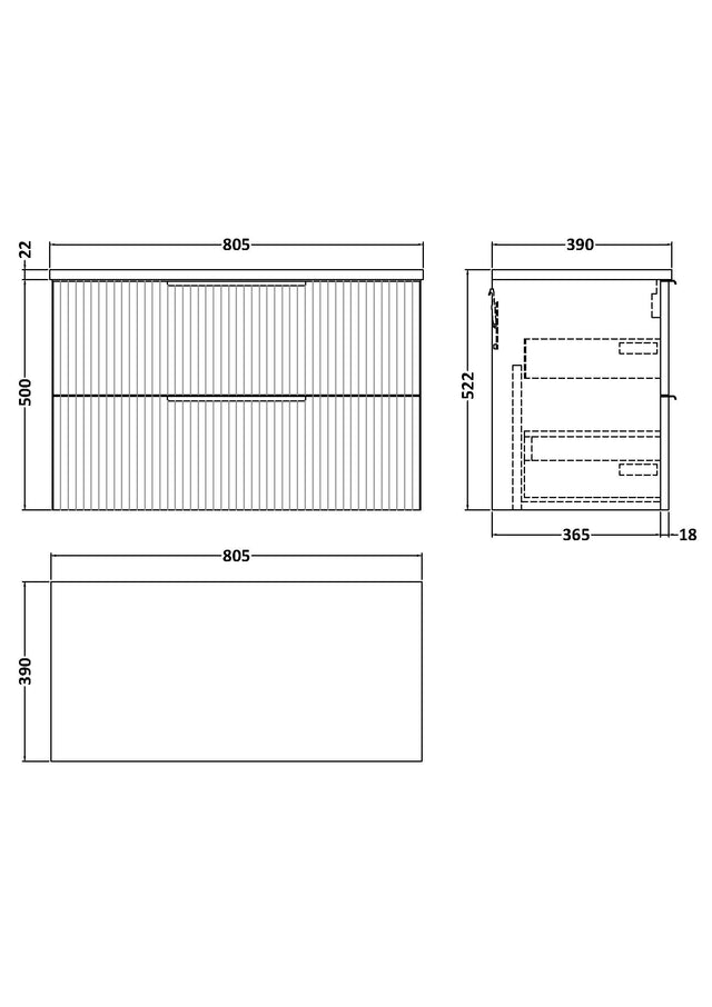 Hudson Reed Fluted 800mm Wall Hung 2-Drawer Vanity Unit With Laminate Top